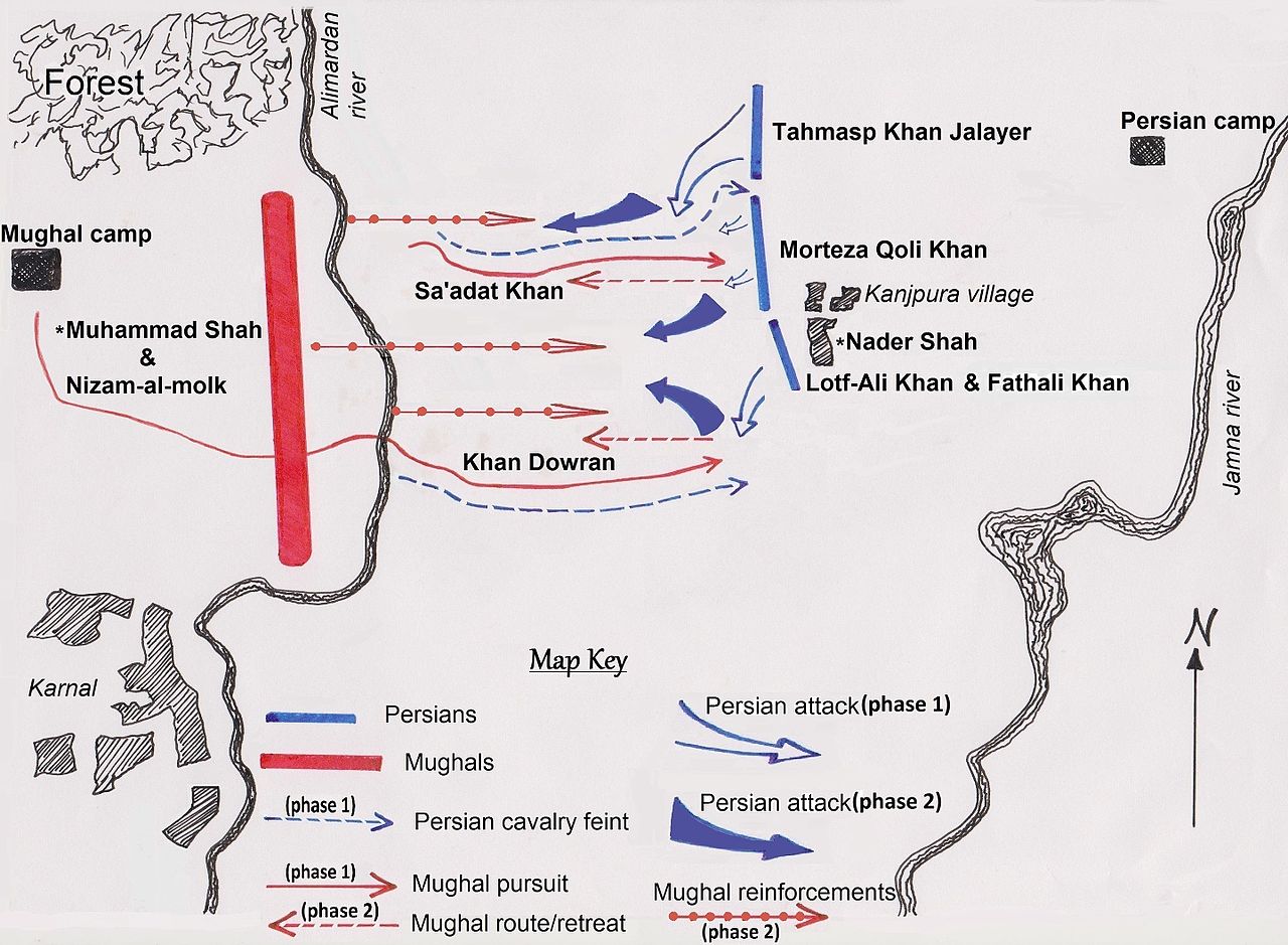 Map of the Battle of Karnal, based on interpretation by Michael Axworthy